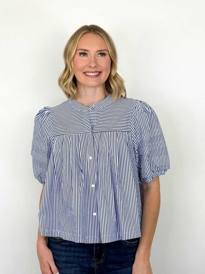 Mary - Blue Striped Button Up Blouse