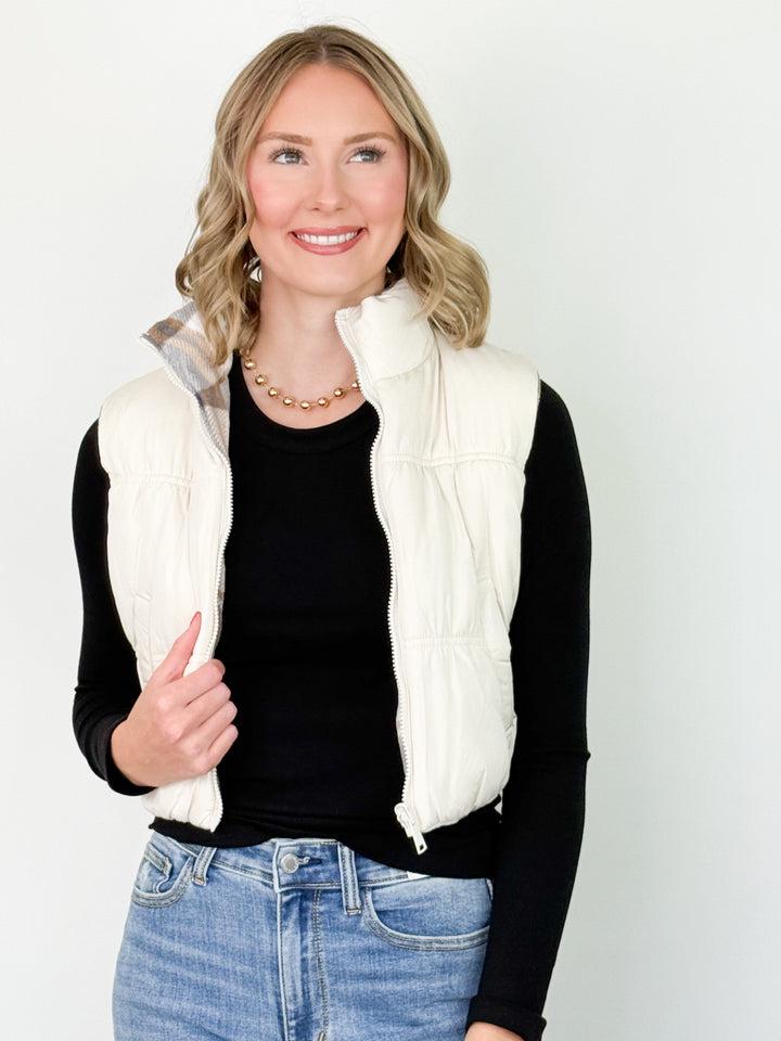 Black Friday Promo - Reversible Plaid Puffer Vest (Ivory)