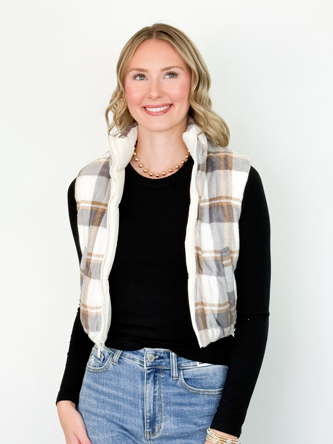 Black Friday Promo - Reversible Plaid Puffer Vest (Ivory)