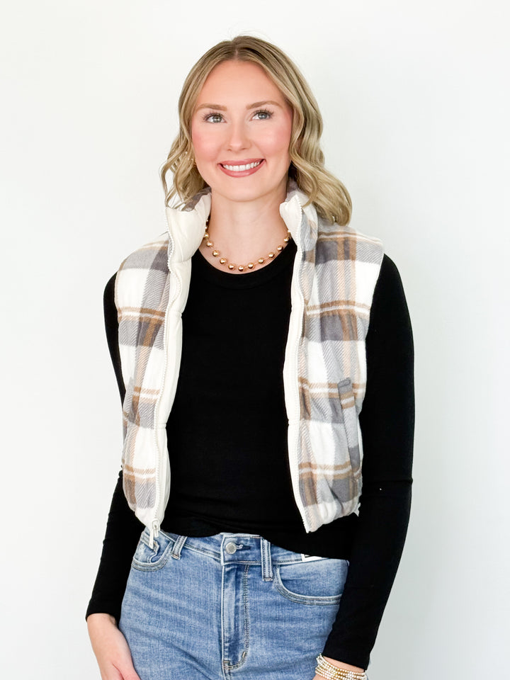 Black Friday Promo - Reversible Plaid Puffer Vest (Ivory)