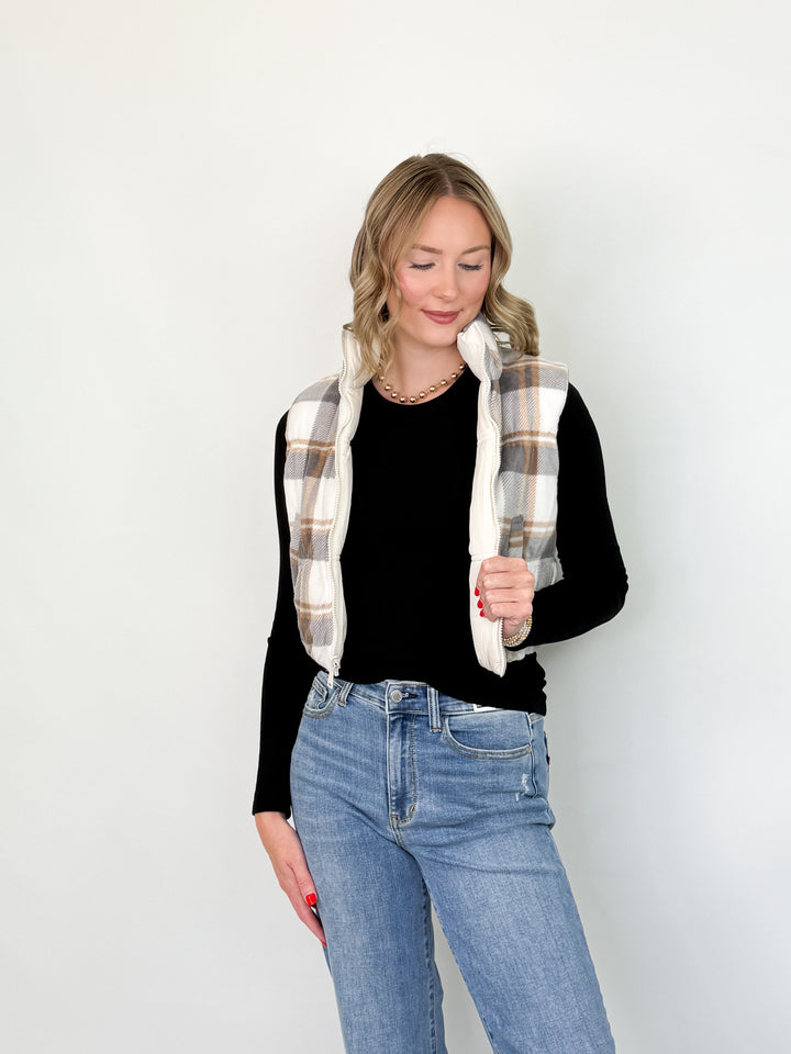 Black Friday Promo - Reversible Plaid Puffer Vest (Ivory)