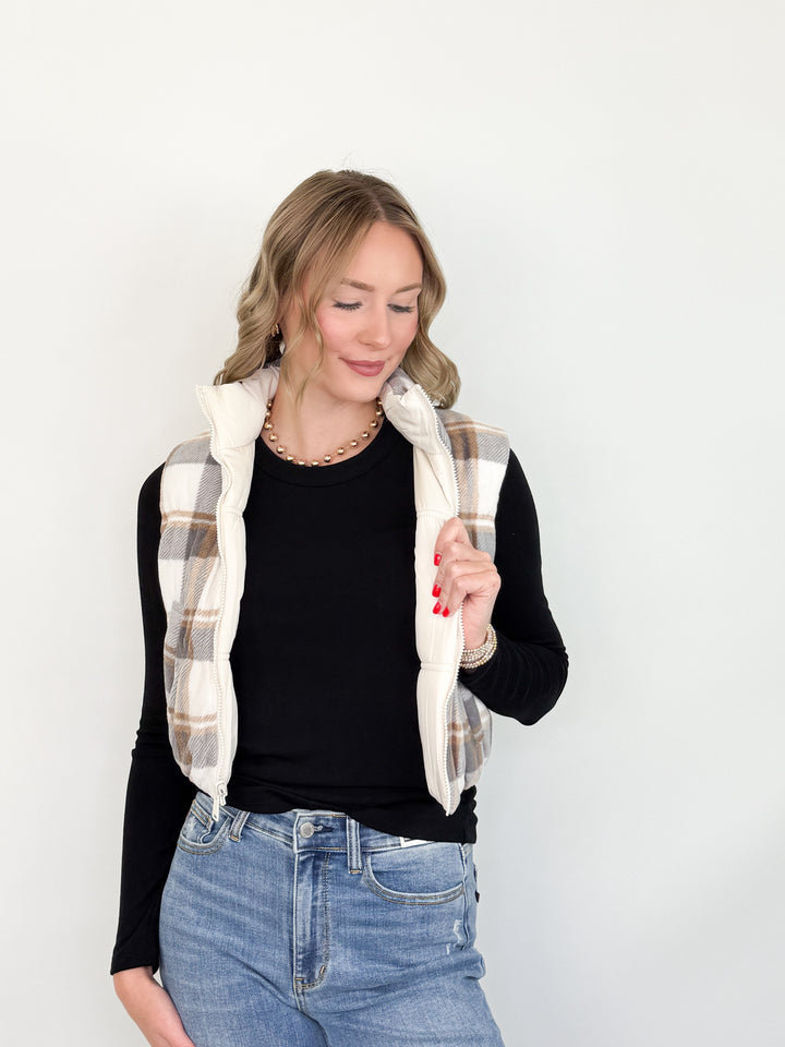 Black Friday Promo - Reversible Plaid Puffer Vest (Ivory)