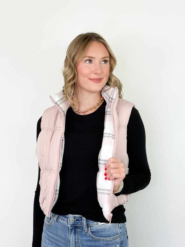 Black Friday Promo - Reversible Plaid Puffer Vest (Pink)
