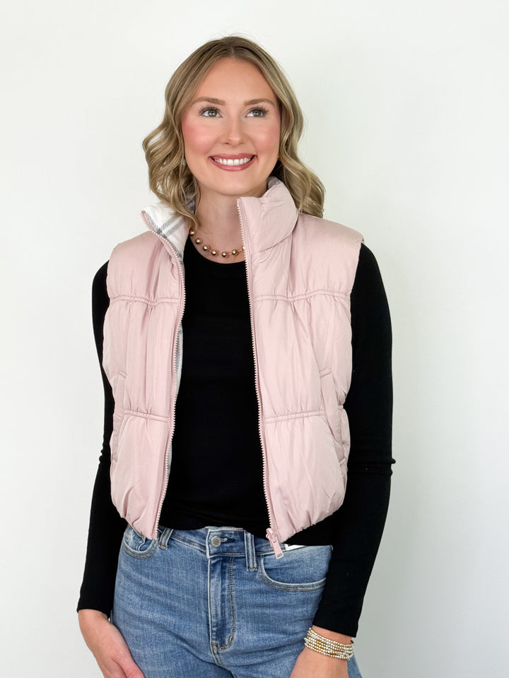 Black Friday Promo - Reversible Plaid Puffer Vest (Pink)