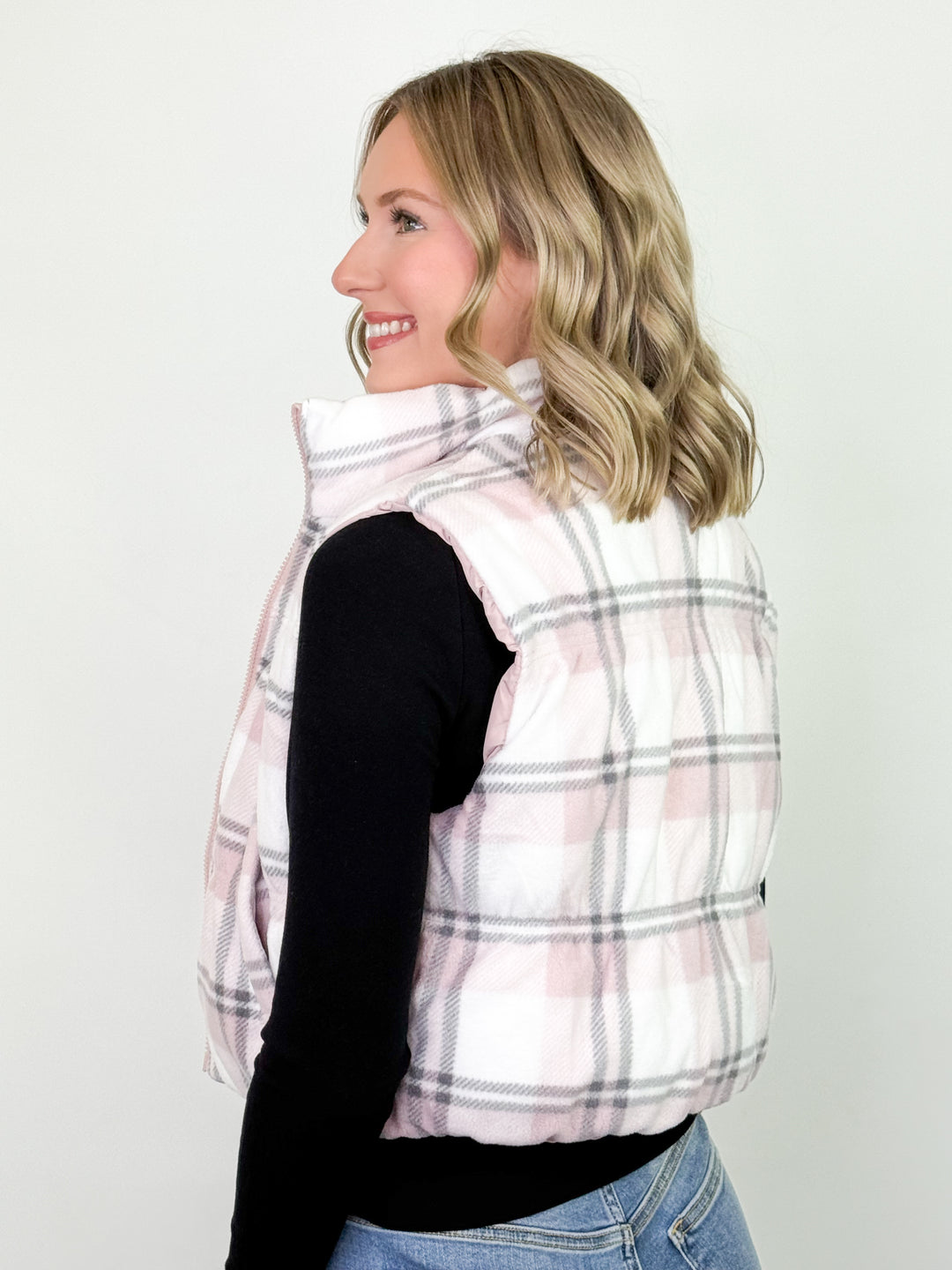Black Friday Promo - Reversible Plaid Puffer Vest (Pink)