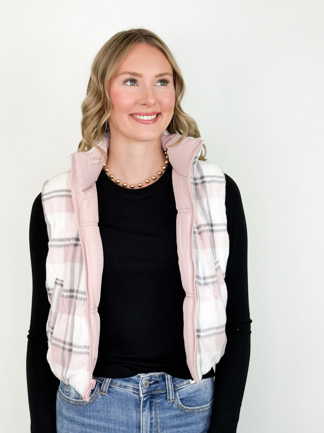 Black Friday Promo - Reversible Plaid Puffer Vest (Pink)