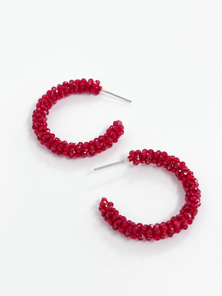 Hadley - Red Beaded Hoop Earrings