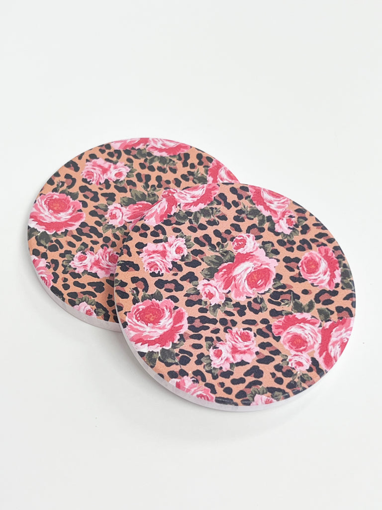 Car Coaster Set - Leopard & Pink Roses