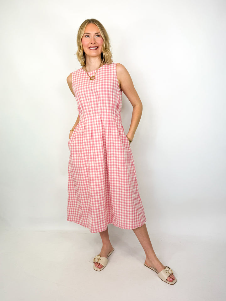 Sally - Pink Gingham Sleeveless Midi Dress
