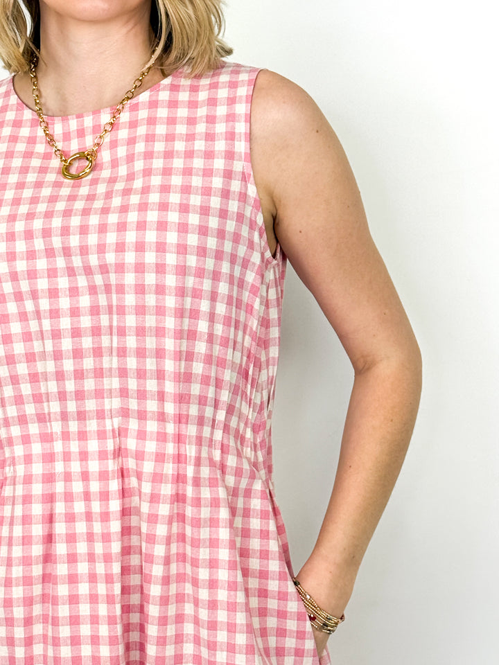 Sally - Pink Gingham Sleeveless Midi Dress