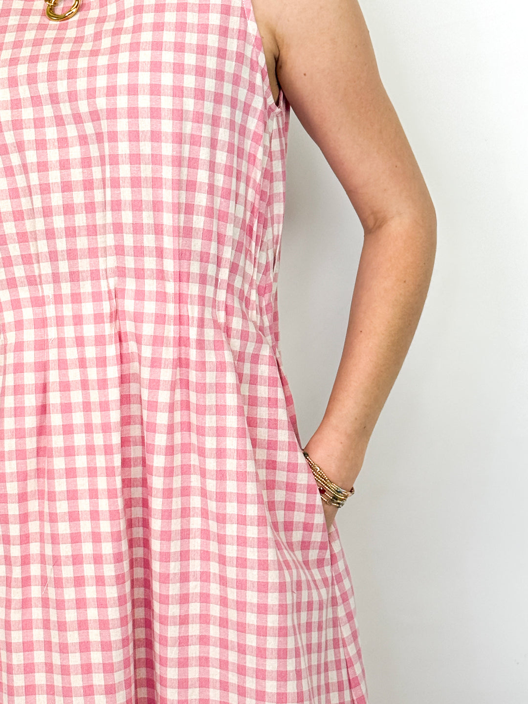 Sally - Pink Gingham Sleeveless Midi Dress