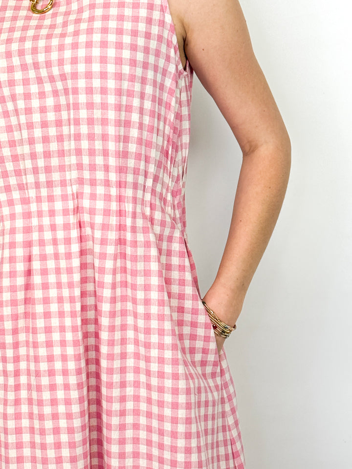 Sally - Pink Gingham Sleeveless Midi Dress