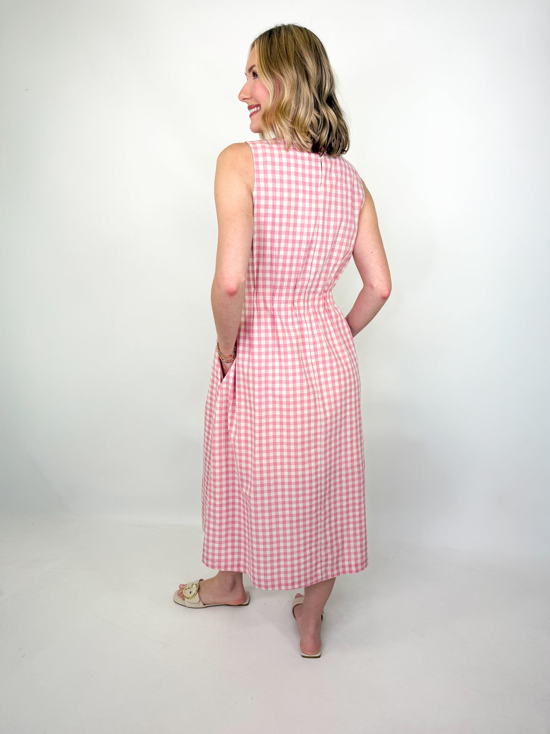 Sally - Pink Gingham Sleeveless Midi Dress