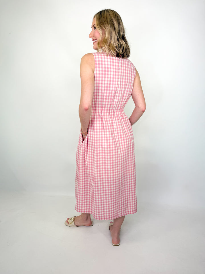 Sally - Pink Gingham Sleeveless Midi Dress