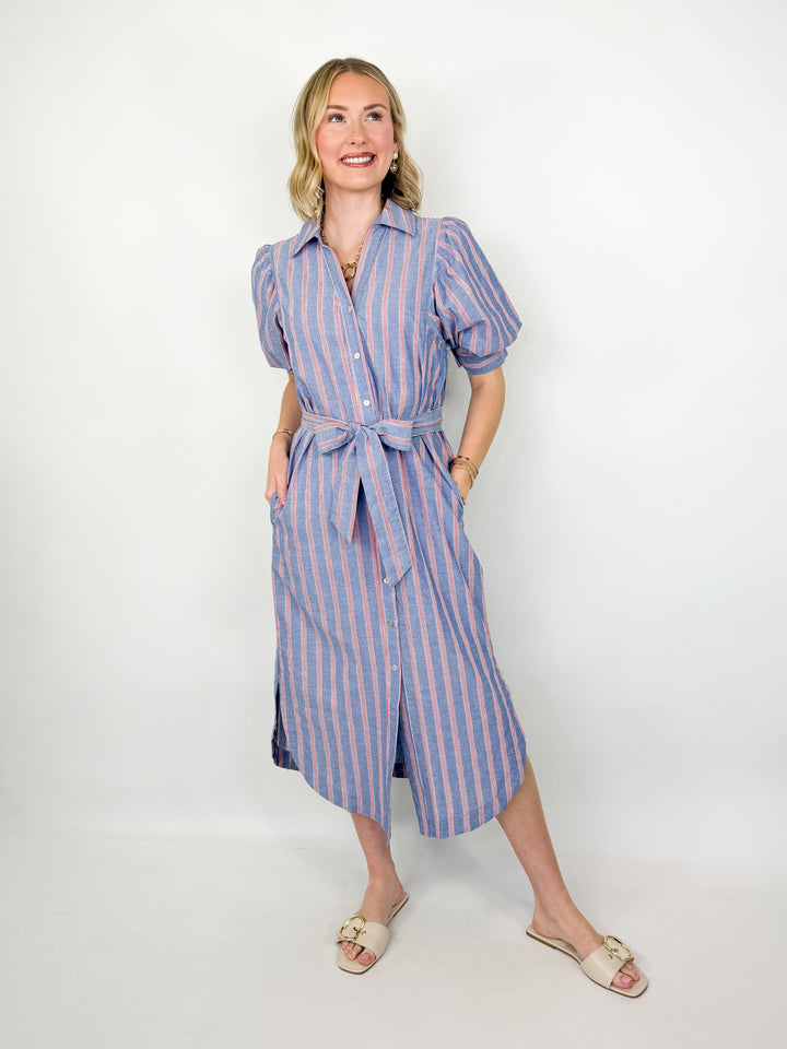 Quincey - Red Striped Chambray Button Front Midi Dress