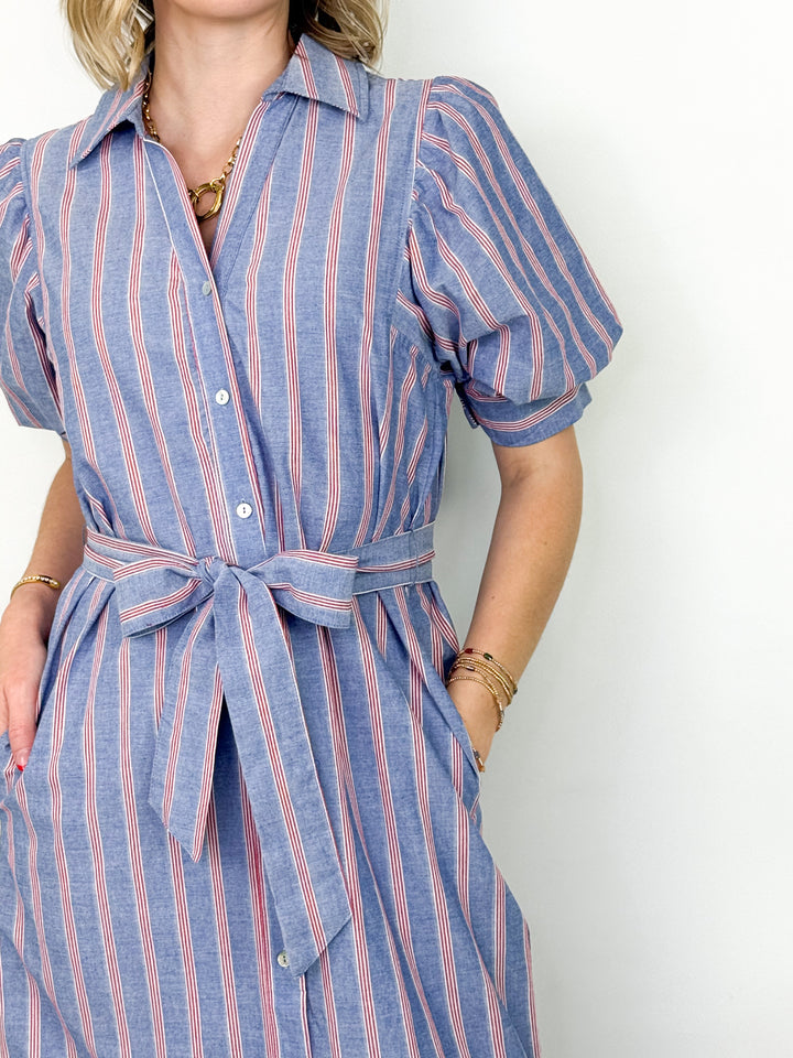 Quincey - Red Striped Chambray Button Front Midi Dress