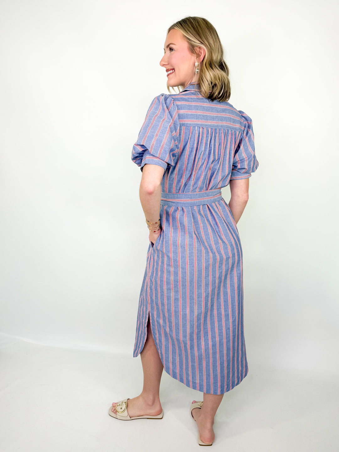 Quincey - Red Striped Chambray Button Front Midi Dress