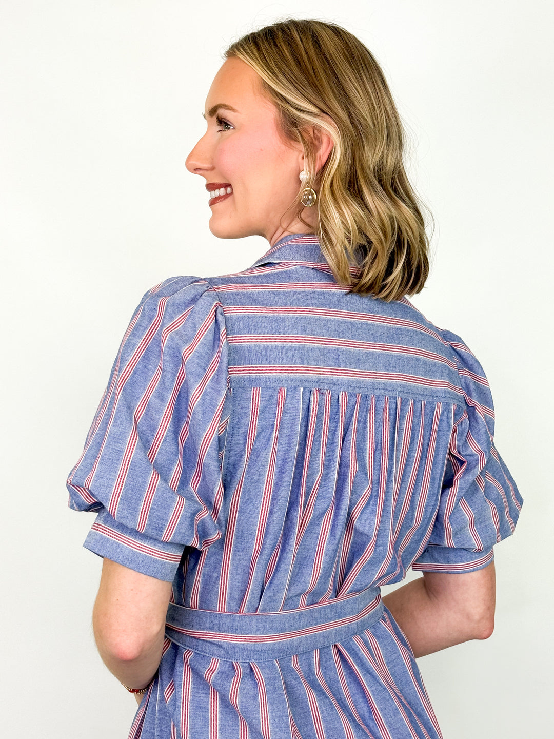 Quincey - Red Striped Chambray Button Front Midi Dress