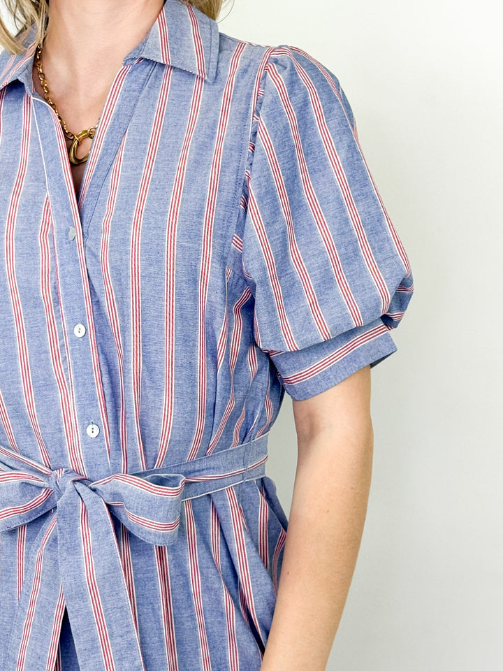 Quincey - Red Striped Chambray Button Front Midi Dress