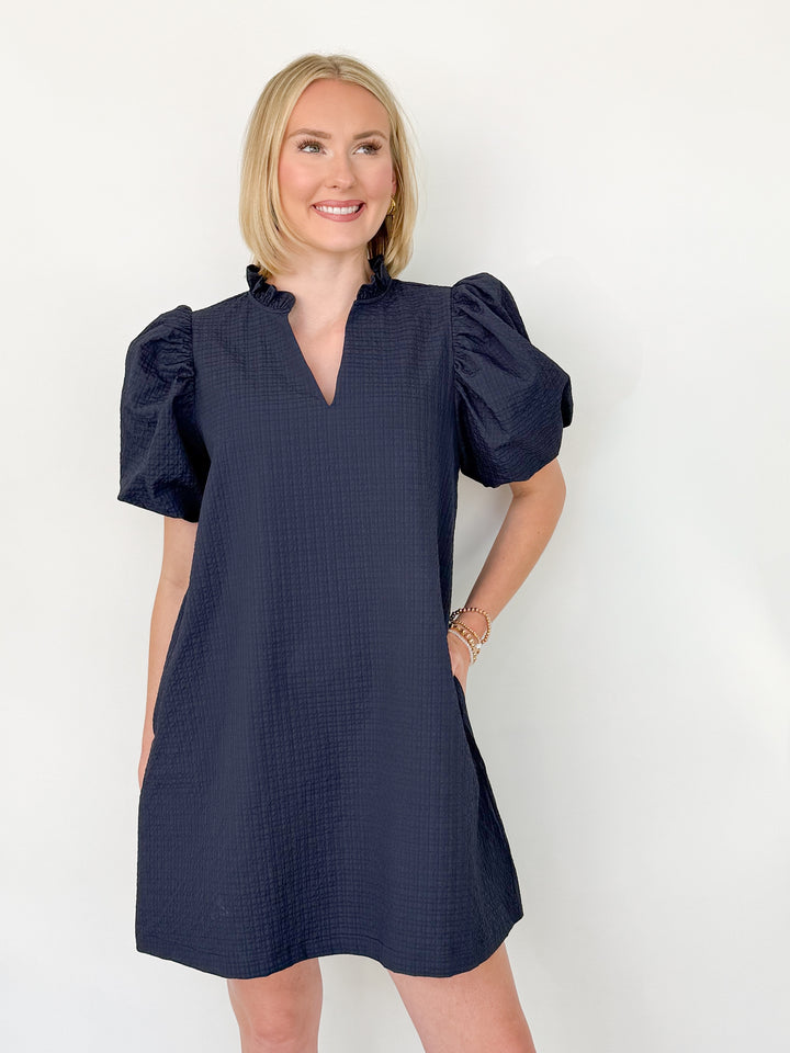 Ariel - Navy Textured Puff Sleeve Mini Dress