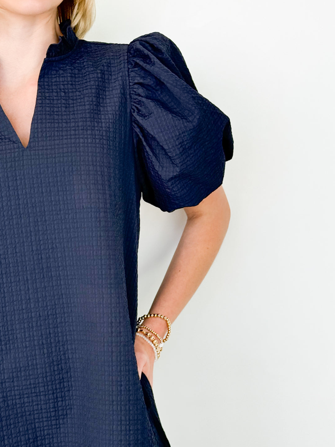 Ariel - Navy Textured Puff Sleeve Mini Dress