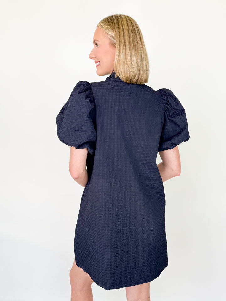 Ariel - Navy Textured Puff Sleeve Mini Dress