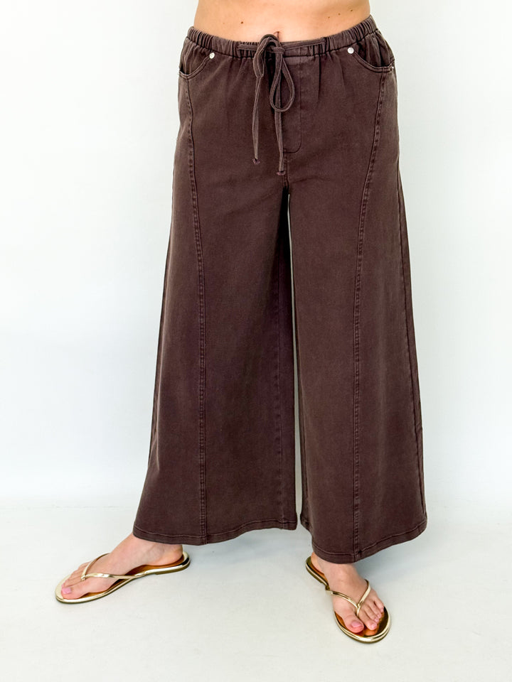 Gemma - Drawstring Wide Leg Pants (Brown)