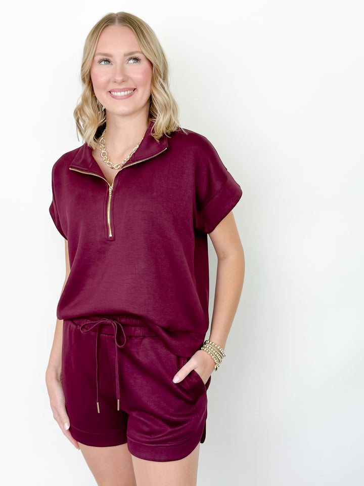 Hanna - Maroon Half Zip Short Set