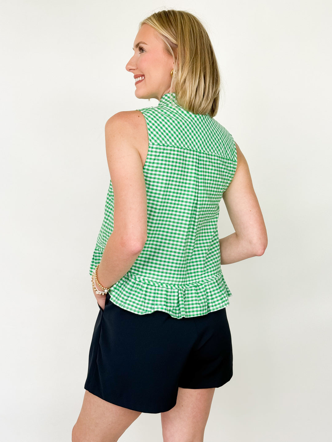 Kinsley - Green Gingham Tie Neck Top