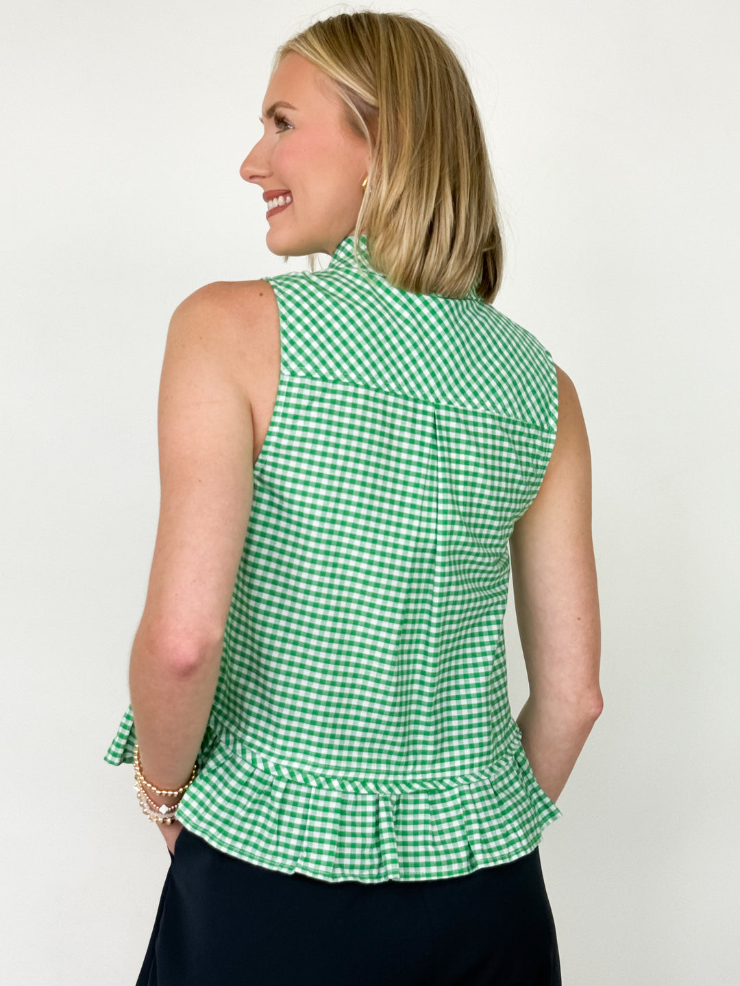 Kinsley - Green Gingham Tie Neck Top