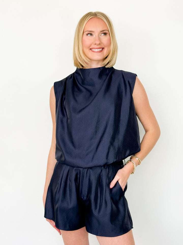 Millie - Mock Neck Bubble Top Short Set (Navy)
