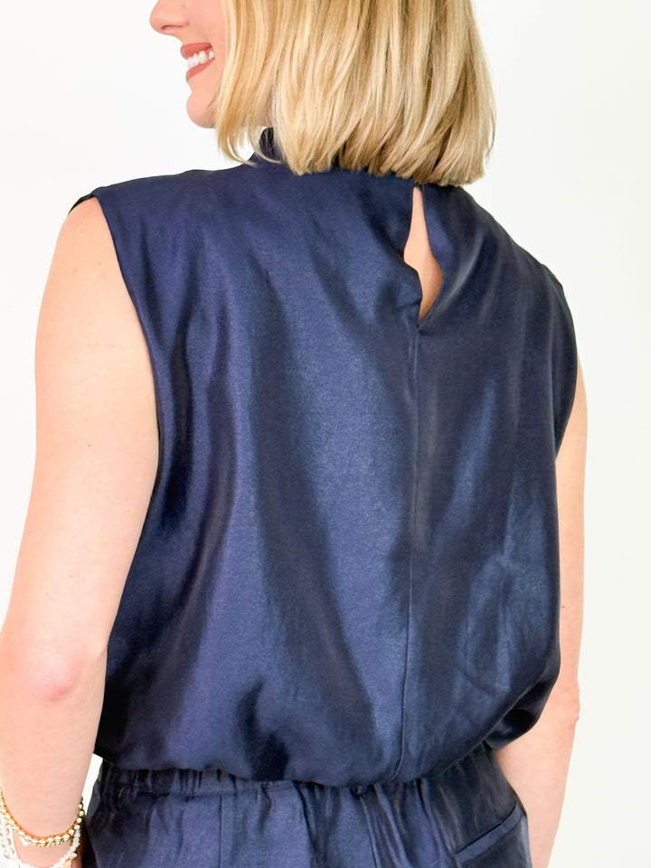 Millie - Mock Neck Bubble Top Short Set (Navy)