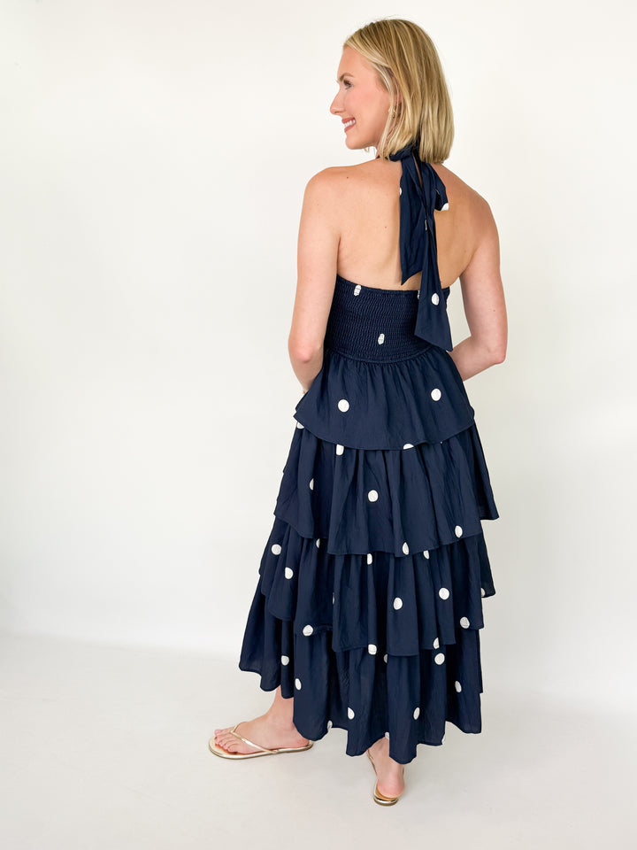 Hillary - Navy Polka Dot Halter Midi Dress