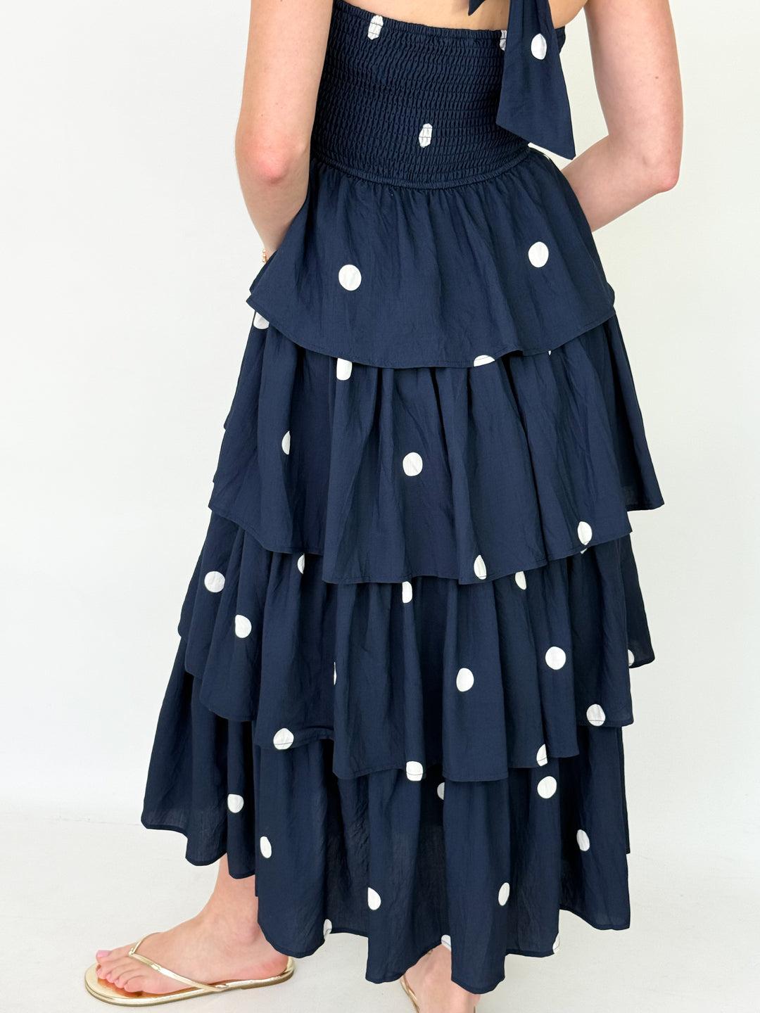 Hillary - Navy Polka Dot Halter Midi Dress