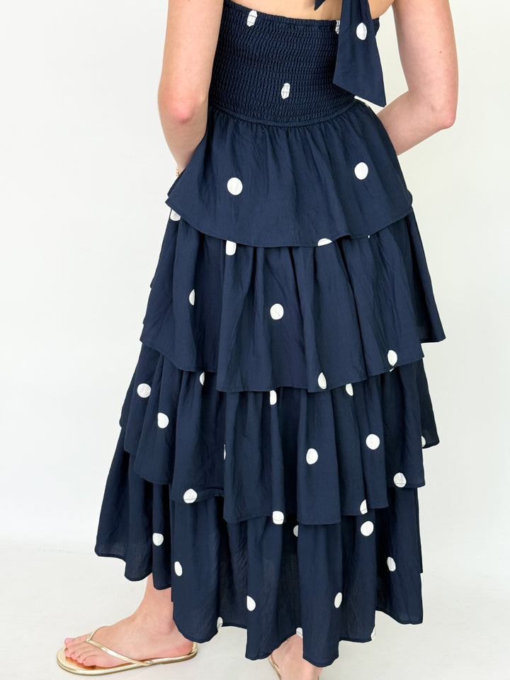 Hillary - Navy Polka Dot Halter Midi Dress