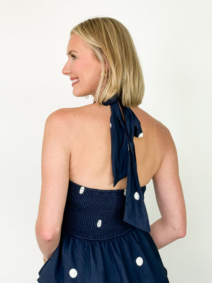 Hillary - Navy Polka Dot Halter Midi Dress