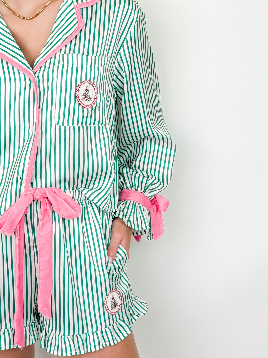 Green Striped Satin Christmas Pajamas