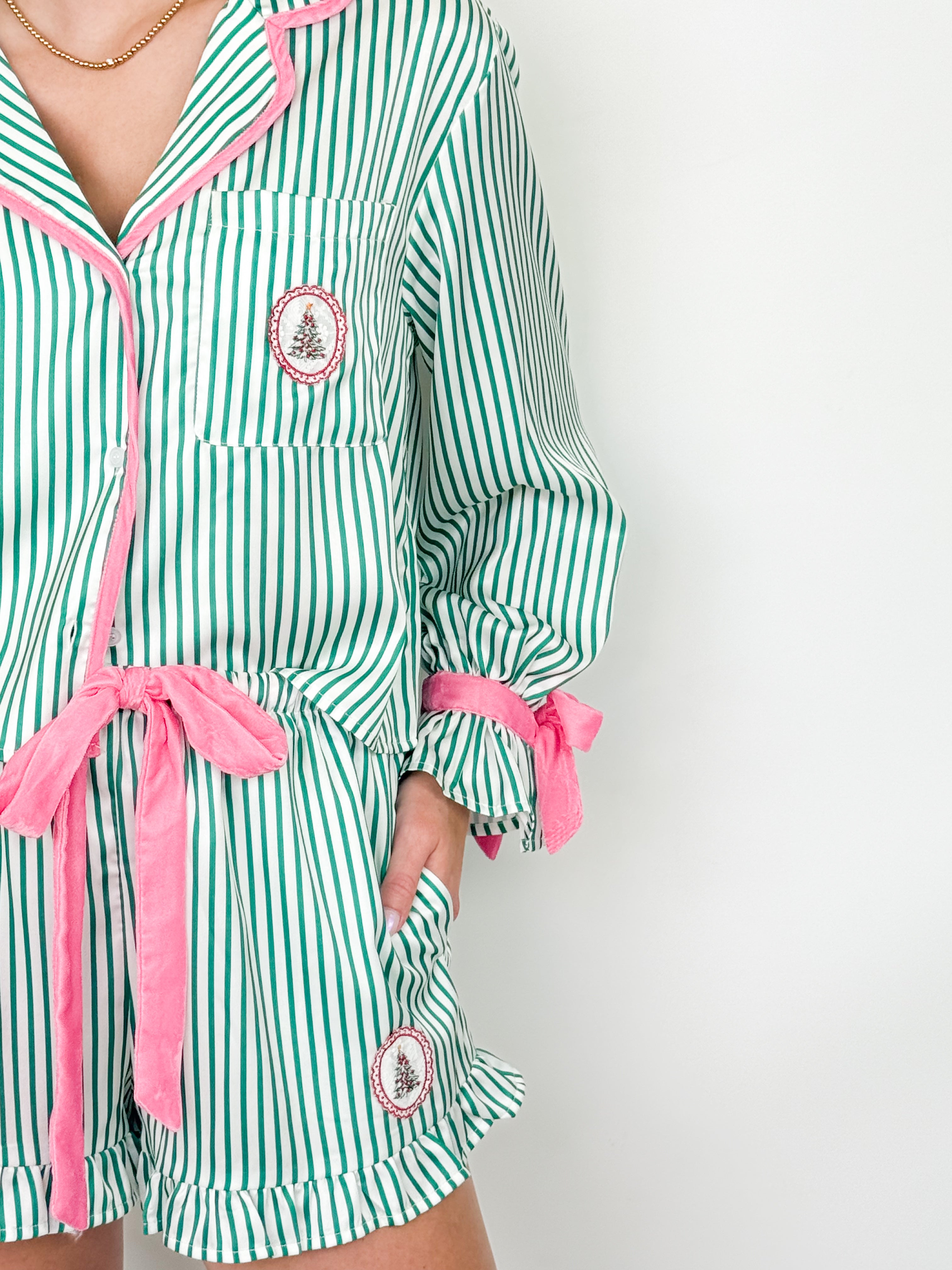 Green Striped Satin Christmas Pajamas