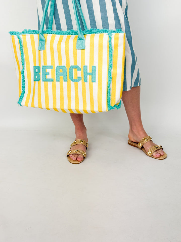 Beach Print Striped Tote Bag