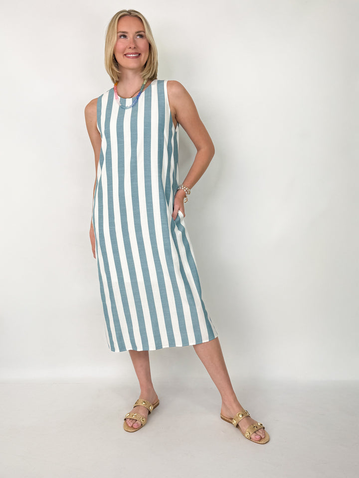 Kelsey - Sleeveless Teal Striped Midi Dress