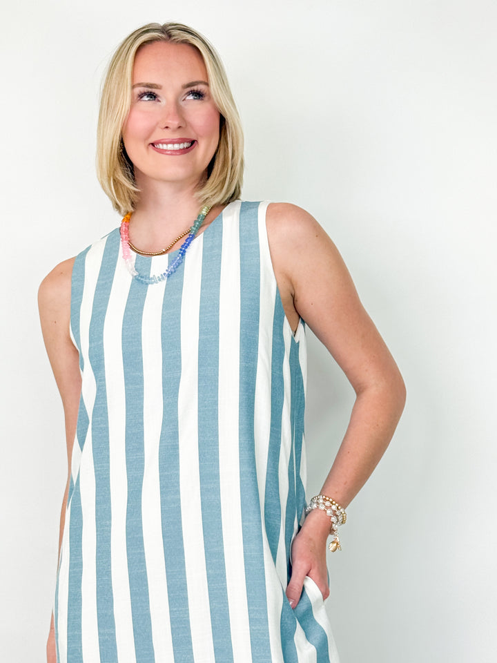 Kelsey - Sleeveless Teal Striped Midi Dress