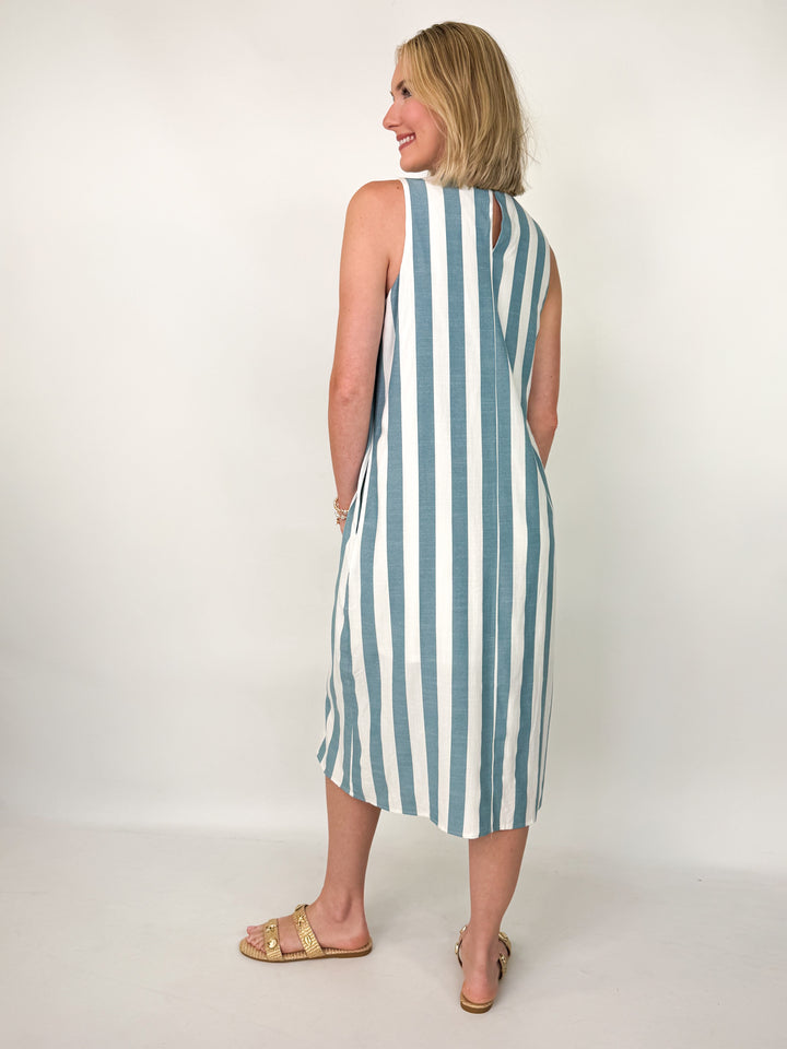 Kelsey - Sleeveless Teal Striped Midi Dress