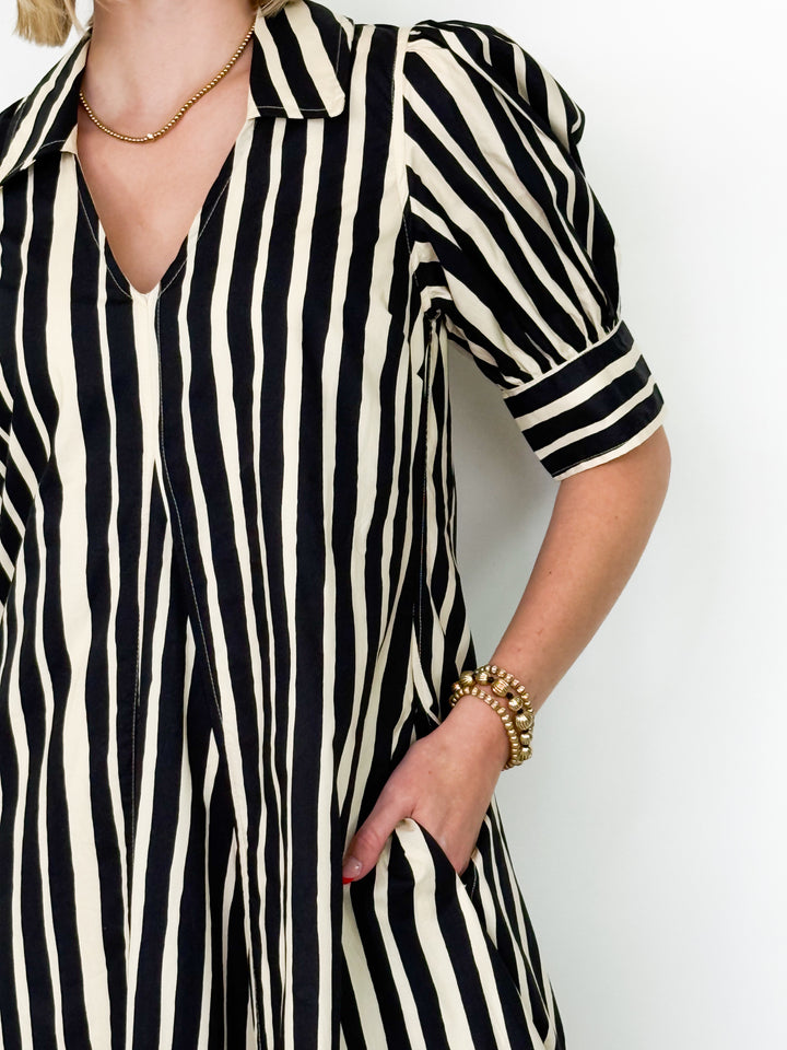 Penny - Black Vertical Striped Midi Dress