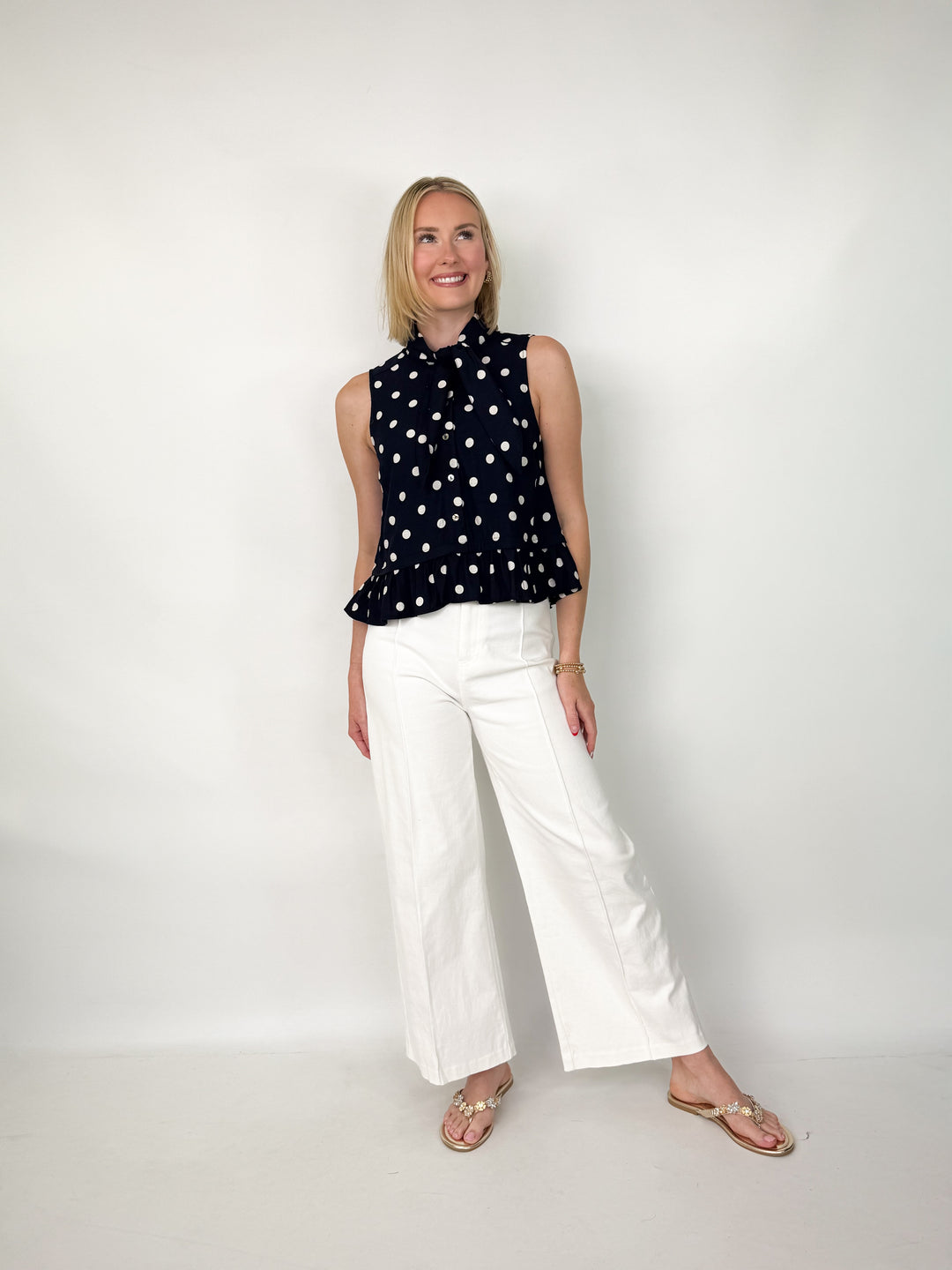 Lolli - Polka Dot Tie Neck Top (Navy)