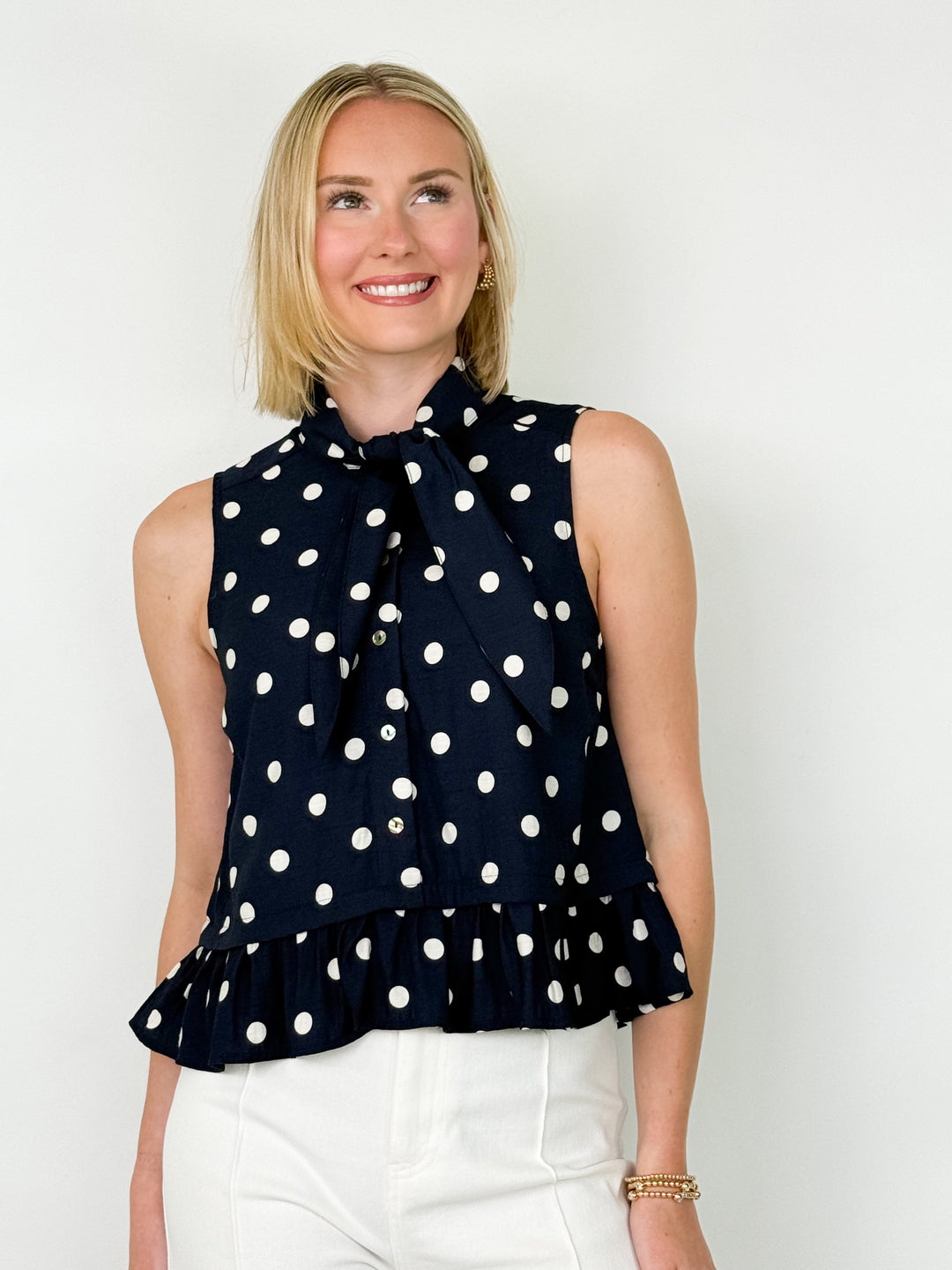 Lolli - Polka Dot Tie Neck Top (Navy)