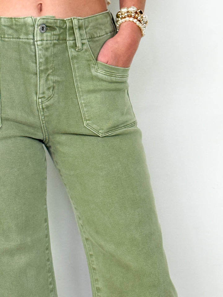 Annie - High Rise Cropped Wide Leg Denim (Faded Green)