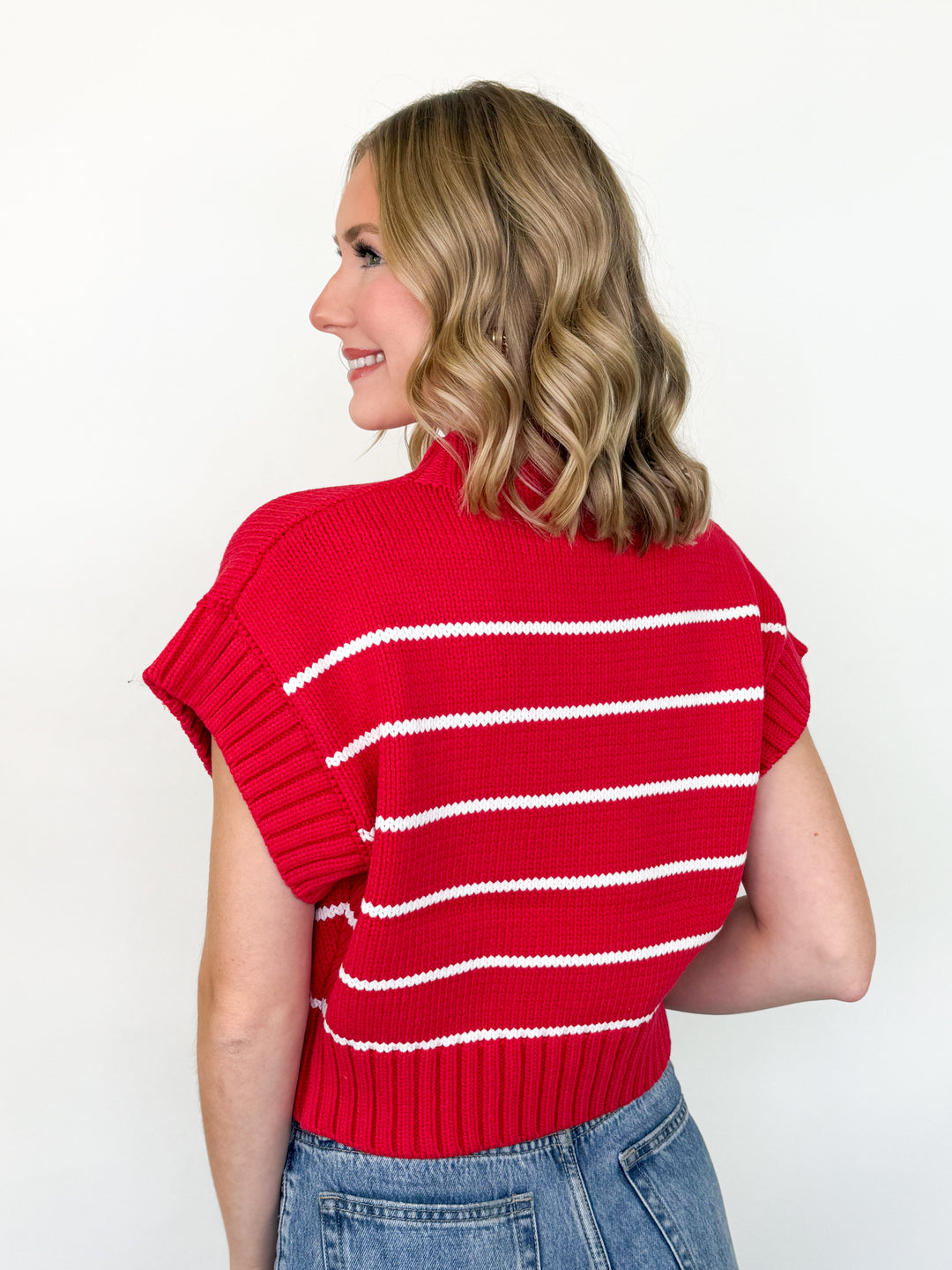 Katie - Striped Mock Neck Sweater (Red)