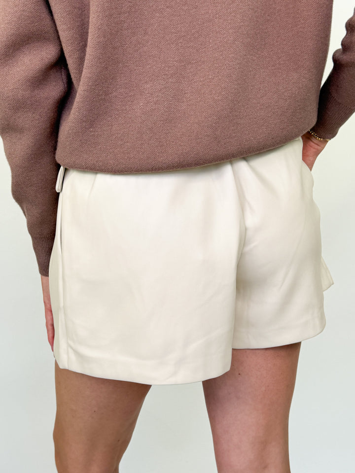 Margaret - Faux Leather Belted Shorts (Ivory)