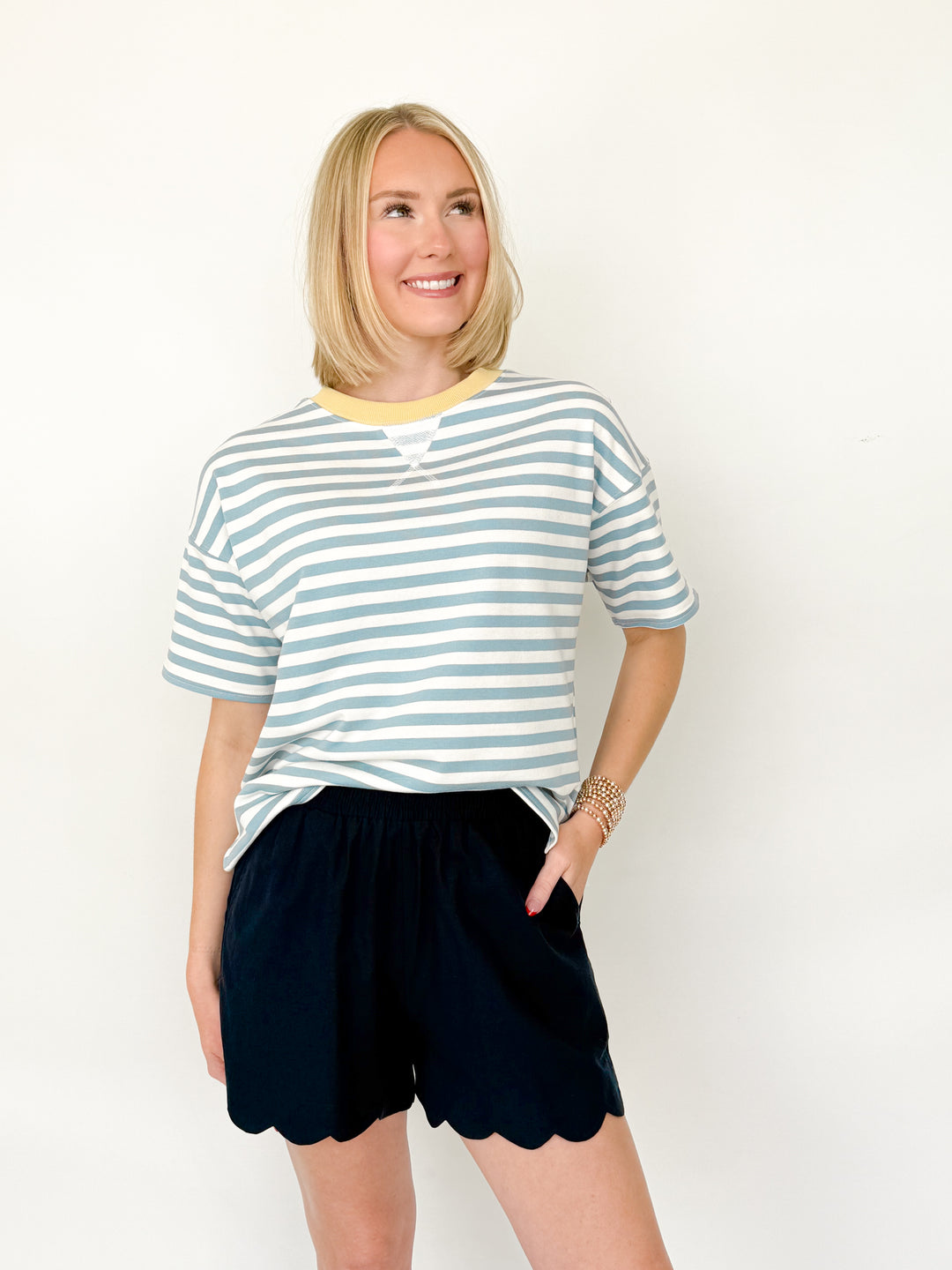 Sarah - Blue Striped Colorblock Tee