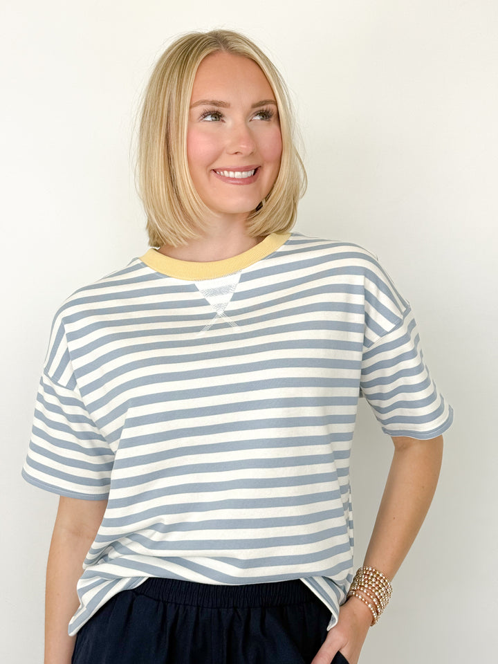 Sarah - Blue Striped Colorblock Tee